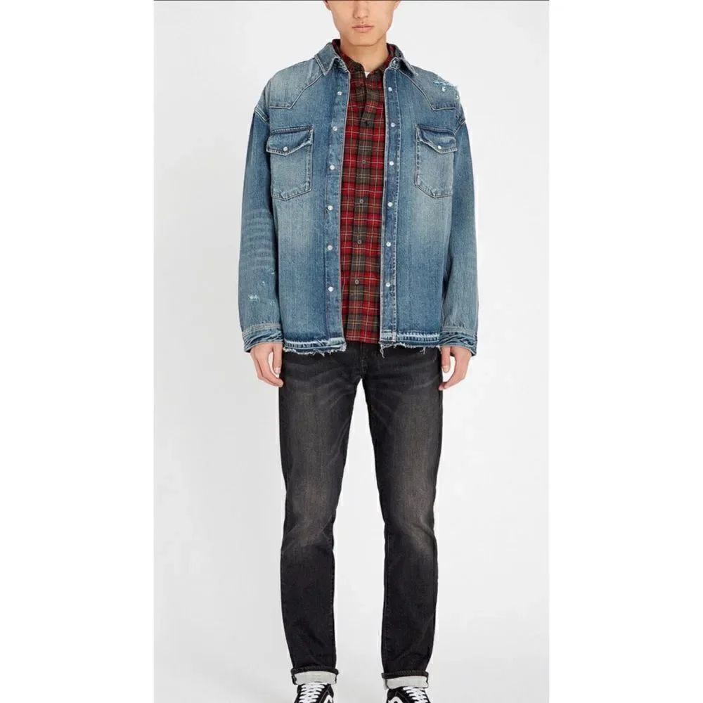 THE KOOPLES DISTRESSED BLUE DENIM OVERSIZED SHIRT
